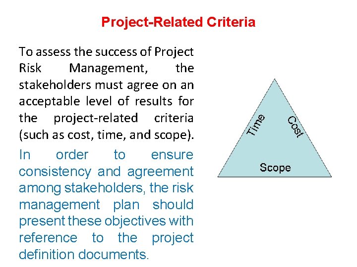 Project-Related Criteria To assess the success of Project Risk Management, the stakeholders must agree