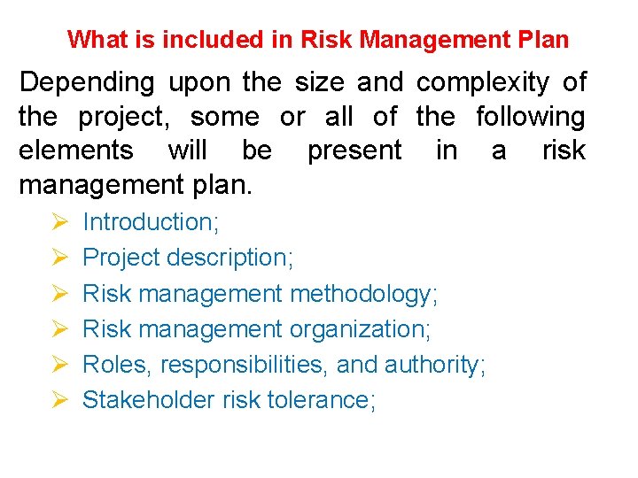 What is included in Risk Management Plan Depending upon the size and complexity of