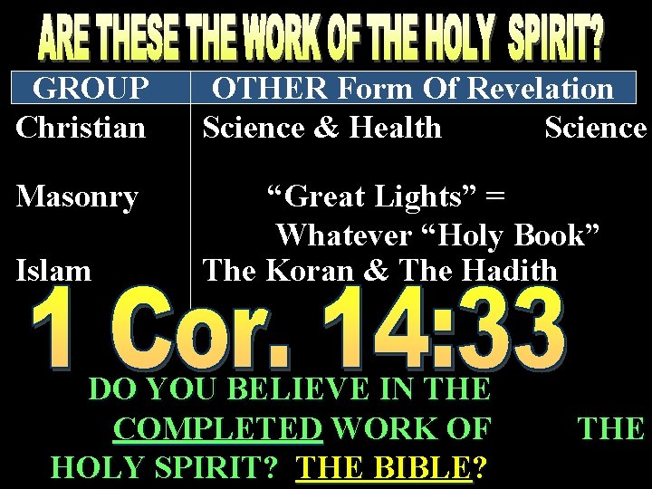 GROUP Christian OTHER Form Of Revelation Science & Health Science Masonry “Great Lights” =