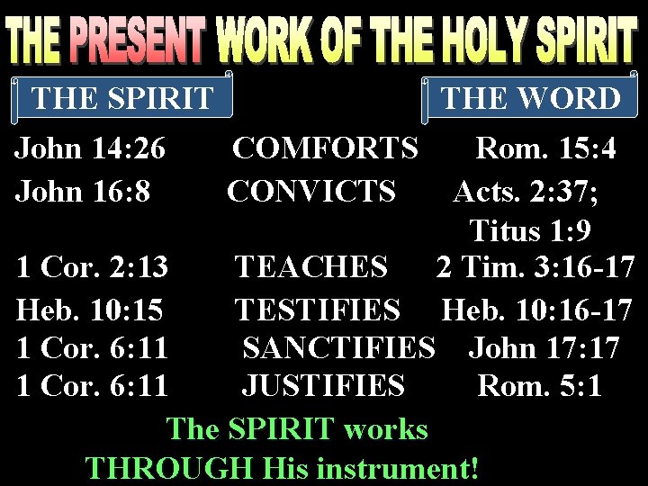 THE SPIRIT John 14: 26 John 16: 8 THE WORD COMFORTS CONVICTS Rom. 15: