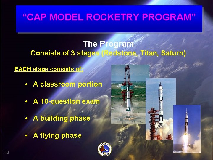 “CAP MODEL ROCKETRY PROGRAM” The Program Consists of 3 stages (Redstone, Titan, Saturn) EACH