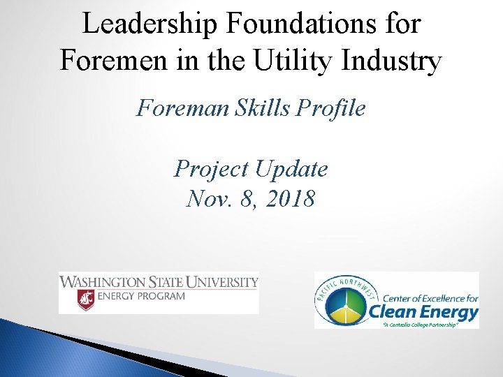 Leadership Foundations for Foremen in the Utility Industry Foreman Skills Profile Project Update Nov.