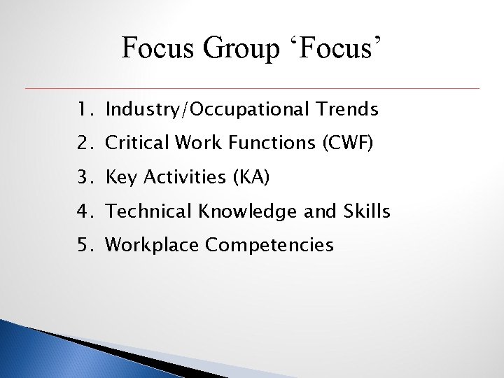 Focus Group ‘Focus’ 1. Industry/Occupational Trends 2. Critical Work Functions (CWF) 3. Key Activities