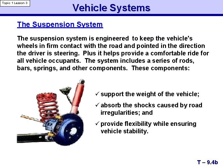 Topic 1 Lesson 3 Vehicle Systems The Suspension System The suspension system is engineered