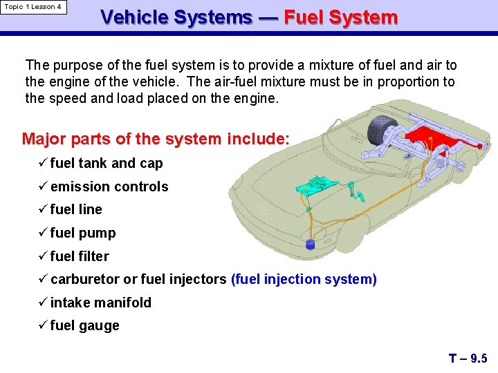 Topic 1 Lesson 4 Vehicle Systems — Fuel System The purpose of the fuel