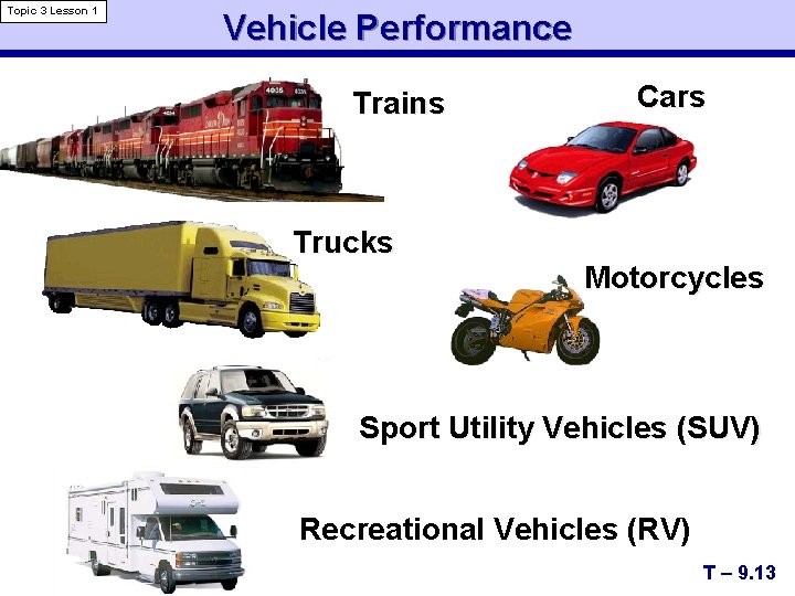 Topic 3 Lesson 1 Vehicle Performance Trains Trucks Cars Motorcycles Sport Utility Vehicles (SUV)
