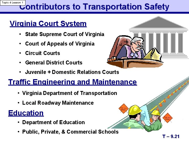 Topic 4 Lesson 1 Contributors to Transportation Safety Virginia Court System • State Supreme