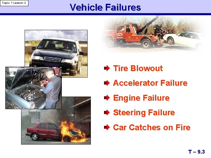 Topic 1 Lesson 2 Vehicle Failures Tire Blowout Accelerator Failure Engine Failure Steering Failure