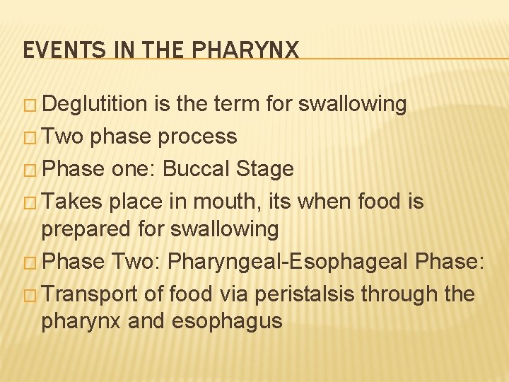 EVENTS IN THE PHARYNX � Deglutition is the term for swallowing � Two phase