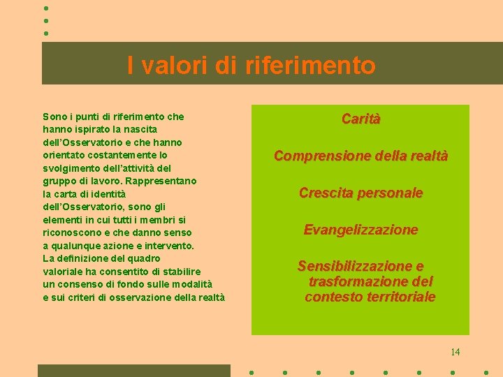 I valori di riferimento Sono i punti di riferimento che hanno ispirato la nascita