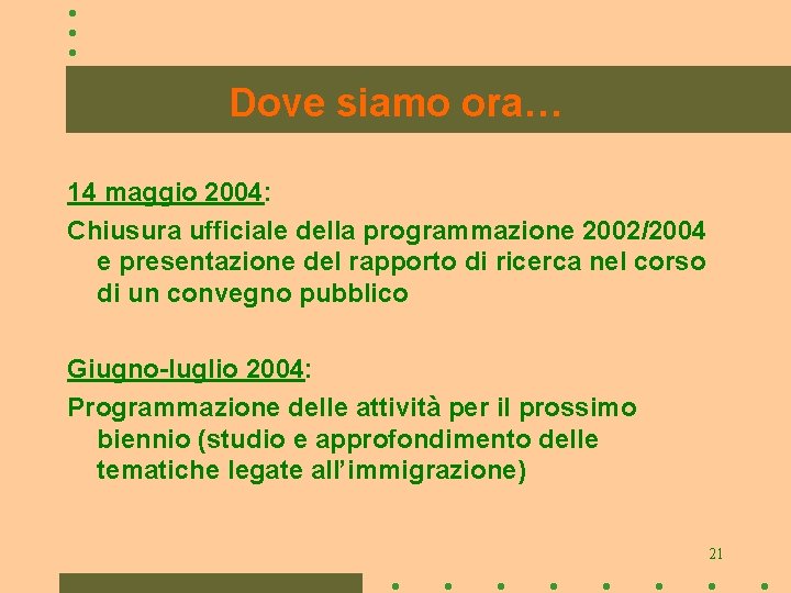 Dove siamo ora… 14 maggio 2004: Chiusura ufficiale della programmazione 2002/2004 e presentazione del