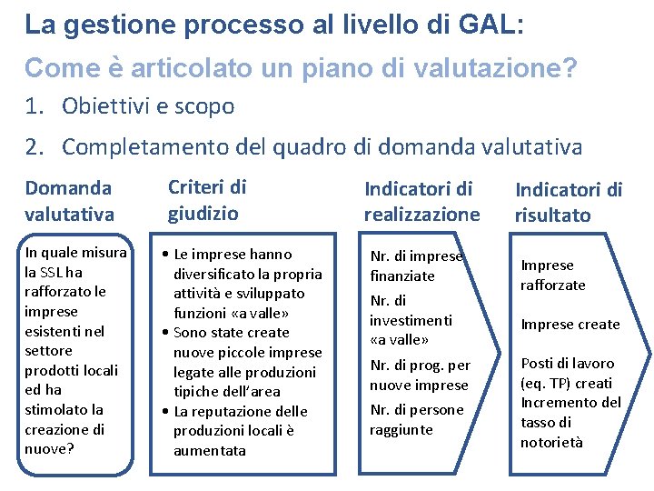 La gestione processo al livello di GAL: Come è articolato un piano di valutazione?