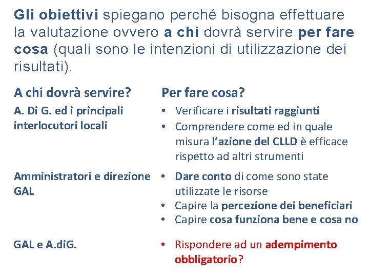 Gli obiettivi spiegano perché bisogna effettuare la valutazione ovvero a chi dovrà servire per