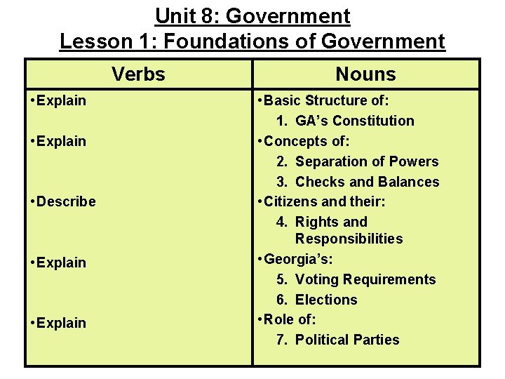 Unit 8: Government Lesson 1: Foundations of Government Verbs • Explain • Describe •