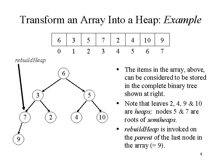 Transform an Array Into a Heap: Example 6 3 5 7 2 4 10