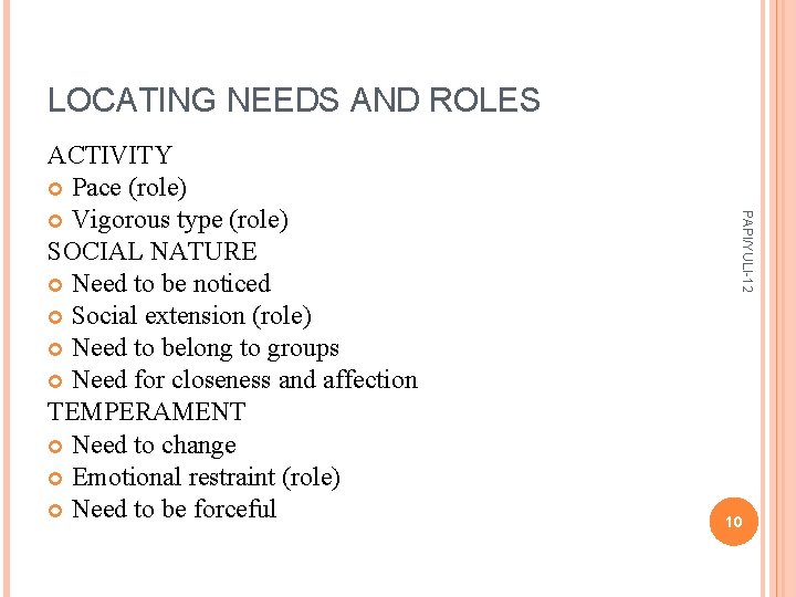 LOCATING NEEDS AND ROLES PAPI/YULI-12 ACTIVITY Pace (role) Vigorous type (role) SOCIAL NATURE Need