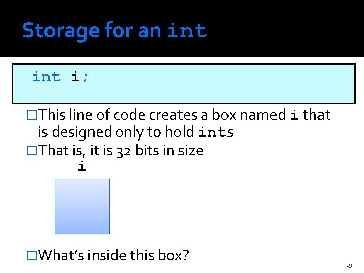 Storage for an int i; �This line of code creates a box named i