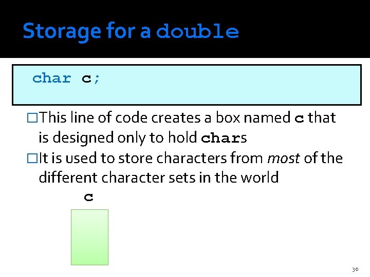 Storage for a double char c; �This line of code creates a box named