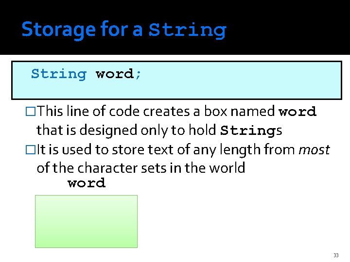 Storage for a String word; �This line of code creates a box named word