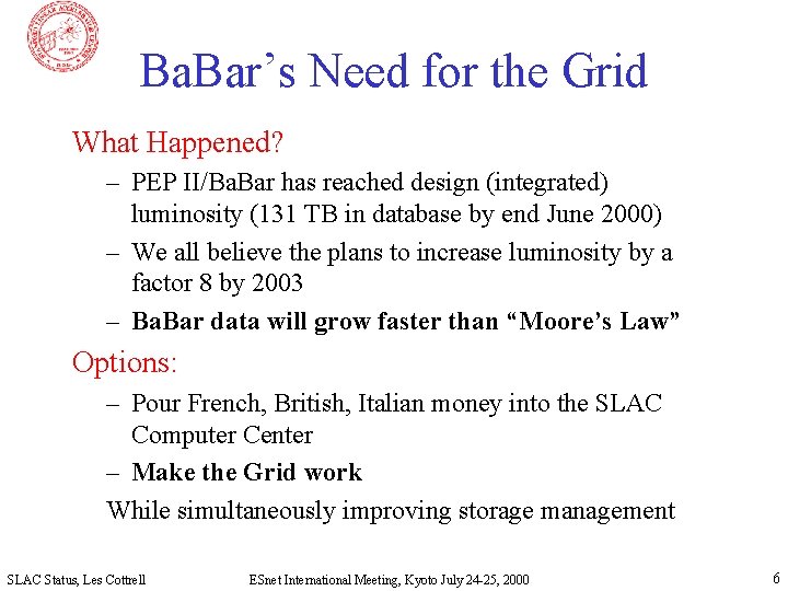 Ba. Bar’s Need for the Grid What Happened? – PEP II/Ba. Bar has reached