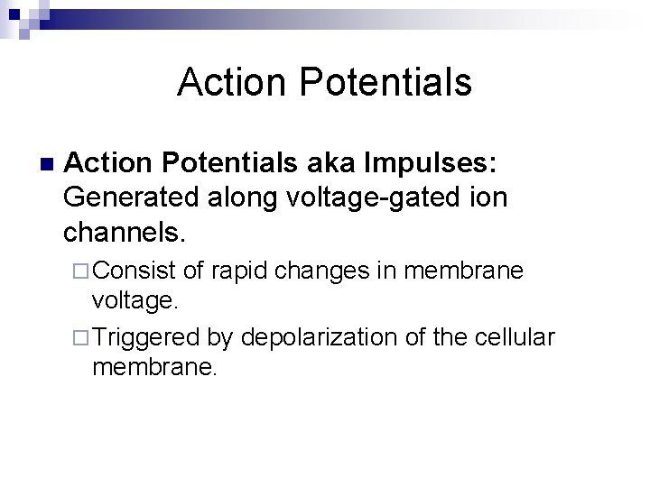 Action Potentials n Action Potentials aka Impulses: Generated along voltage-gated ion channels. ¨ Consist