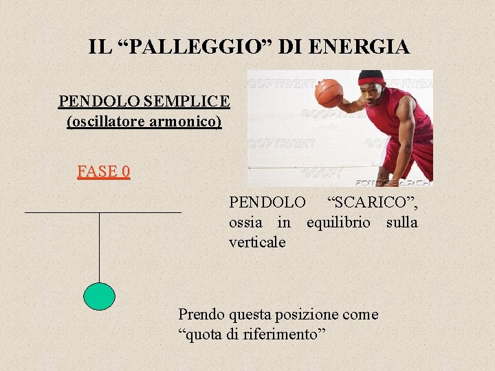 IL “PALLEGGIO” DI ENERGIA PENDOLO SEMPLICE (oscillatore armonico) FASE 0 PENDOLO “SCARICO”, ossia in