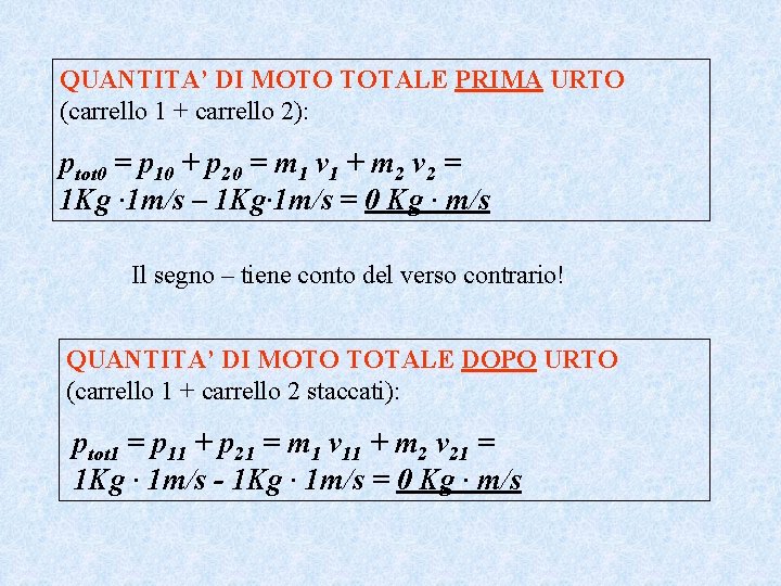 QUANTITA’ DI MOTO TOTALE PRIMA URTO (carrello 1 + carrello 2): ptot 0 =