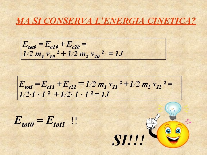 MA SI CONSERVA L’ENERGIA CINETICA? Etot 0 = Ec 10 + Ec 20 =