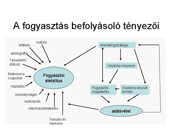 A fogyasztás befolyásoló tényezői értékek kultúra Marketingstratégia demográfia Társadalmi státusz Vásárlási helyezet Referencia csoportok