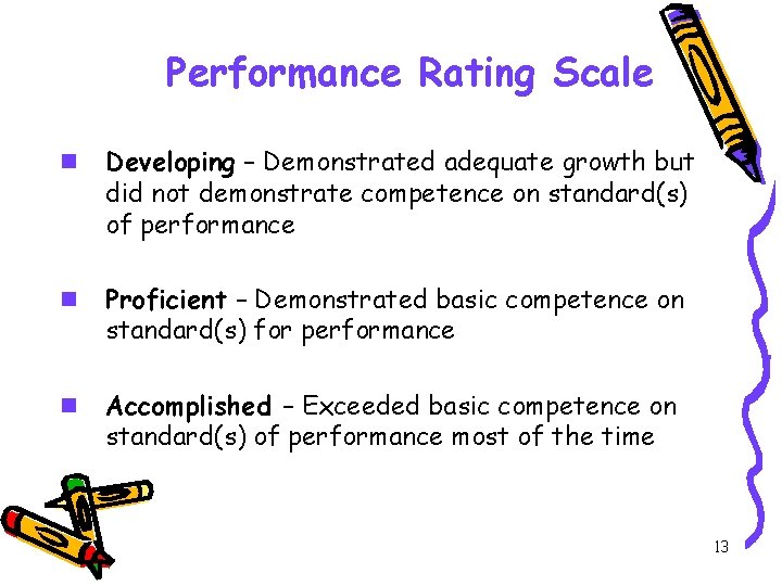 Performance Rating Scale n Developing – Demonstrated adequate growth but did not demonstrate competence