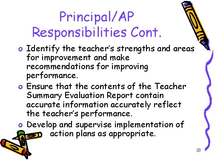 Principal/AP Responsibilities Cont. o Identify the teacher’s strengths and areas for improvement and make
