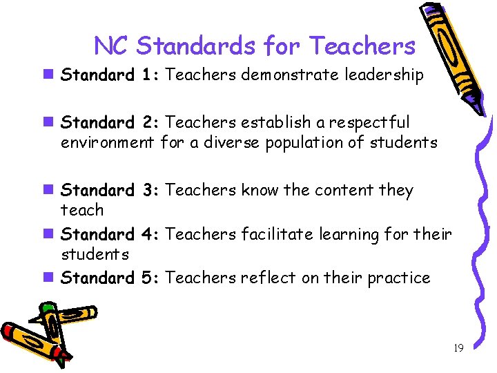 NC Standards for Teachers n Standard 1: Teachers demonstrate leadership n Standard 2: Teachers