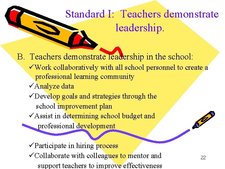 Standard I: Teachers demonstrate leadership. B. Teachers demonstrate leadership in the school: üWork collaboratively