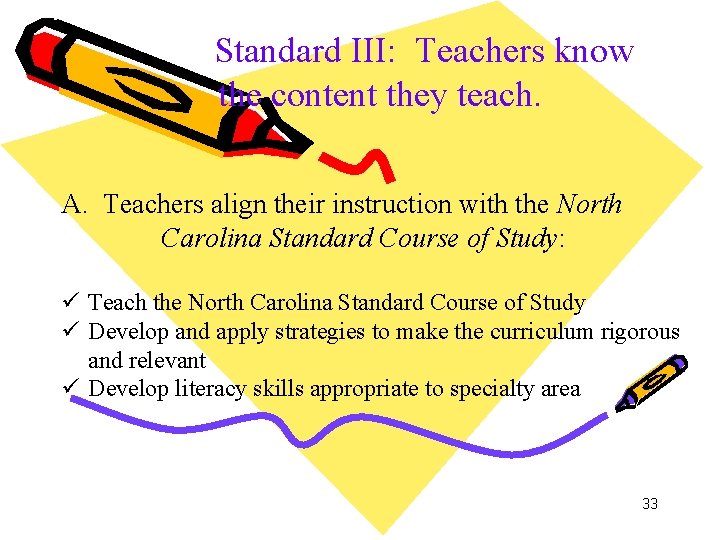 Standard III: Teachers know the content they teach. A. Teachers align their instruction with