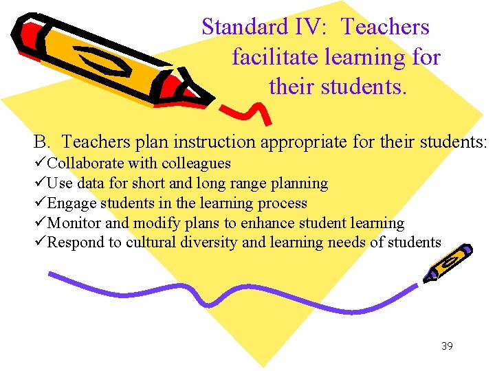 Standard IV: Teachers facilitate learning for their students. B. Teachers plan instruction appropriate for