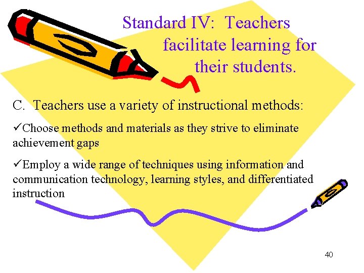 Standard IV: Teachers facilitate learning for their students. C. Teachers use a variety of