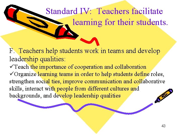 Standard IV: Teachers facilitate learning for their students. F. Teachers help students work in