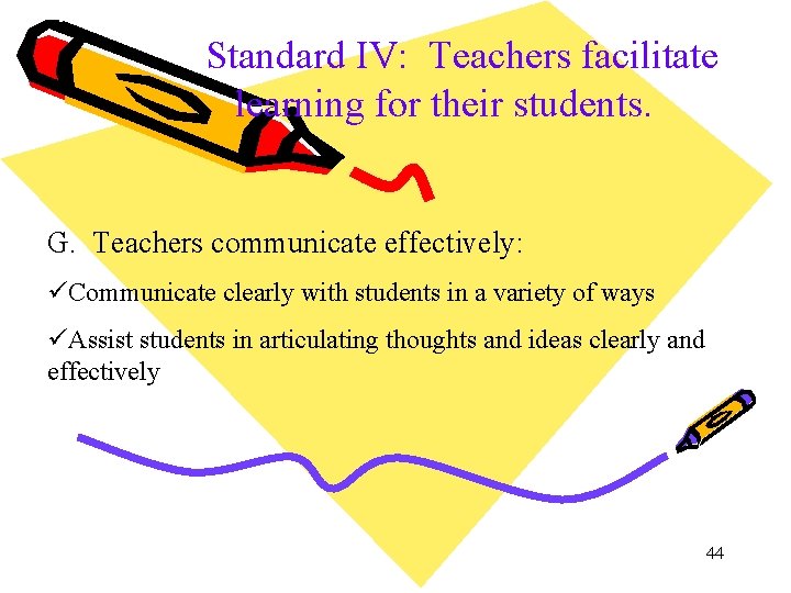 Standard IV: Teachers facilitate learning for their students. G. Teachers communicate effectively: üCommunicate clearly