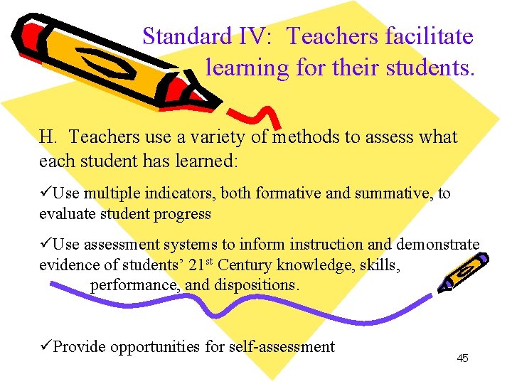 Standard IV: Teachers facilitate learning for their students. H. Teachers use a variety of