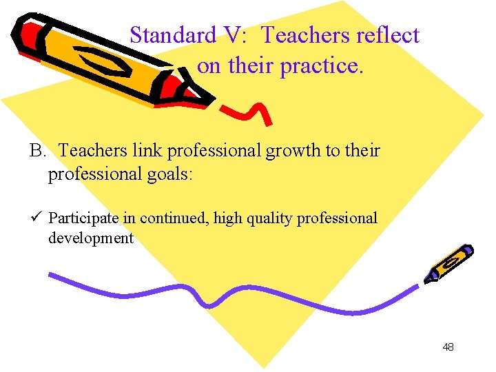 Standard V: Teachers reflect on their practice. B. Teachers link professional growth to their