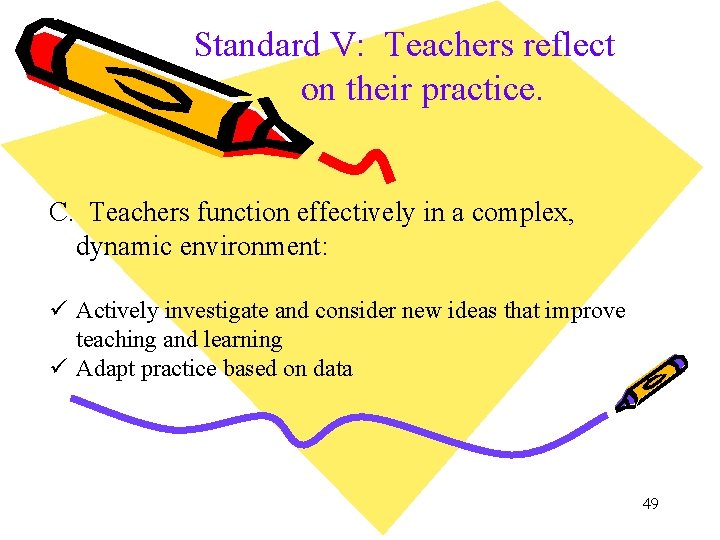 Standard V: Teachers reflect on their practice. C. Teachers function effectively in a complex,