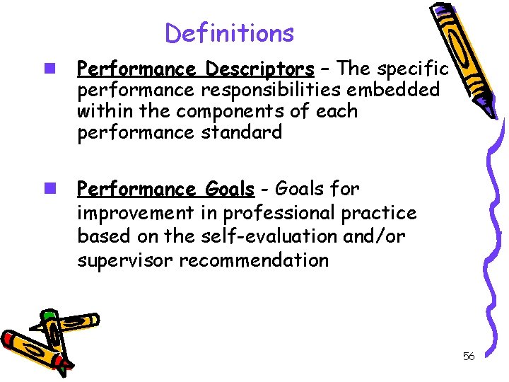 Definitions n Performance Descriptors – The specific performance responsibilities embedded within the components of