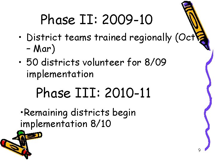 Phase II: 2009 -10 • District teams trained regionally (Oct – Mar) • 50