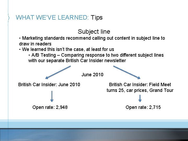 WHAT WE’VE LEARNED: Tips Subject line • Marketing standards recommend calling out content in