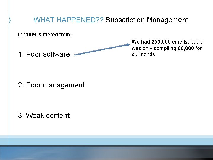 WHAT HAPPENED? ? Subscription Management In 2009, suffered from: 1. Poor software 2. Poor