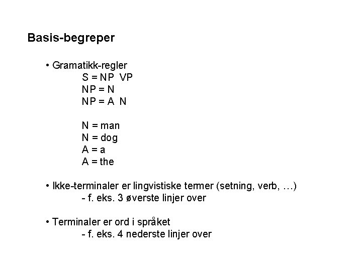 Basis-begreper • Gramatikk-regler S = NP VP NP = N NP = A N