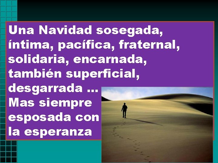 Una Navidad sosegada, íntima, pacífica, fraternal, solidaria, encarnada, también superficial, desgarrada. . . Mas