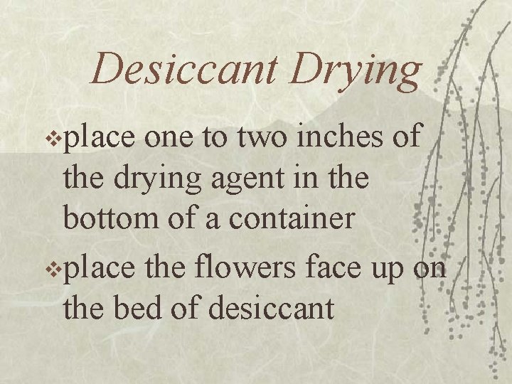 Desiccant Drying vplace one to two inches of the drying agent in the bottom