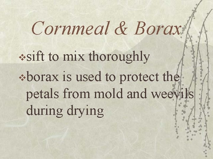 Cornmeal & Borax vsift to mix thoroughly vborax is used to protect the petals