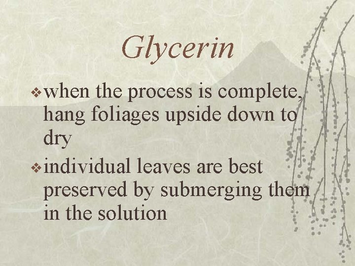 Glycerin v when the process is complete, hang foliages upside down to dry v
